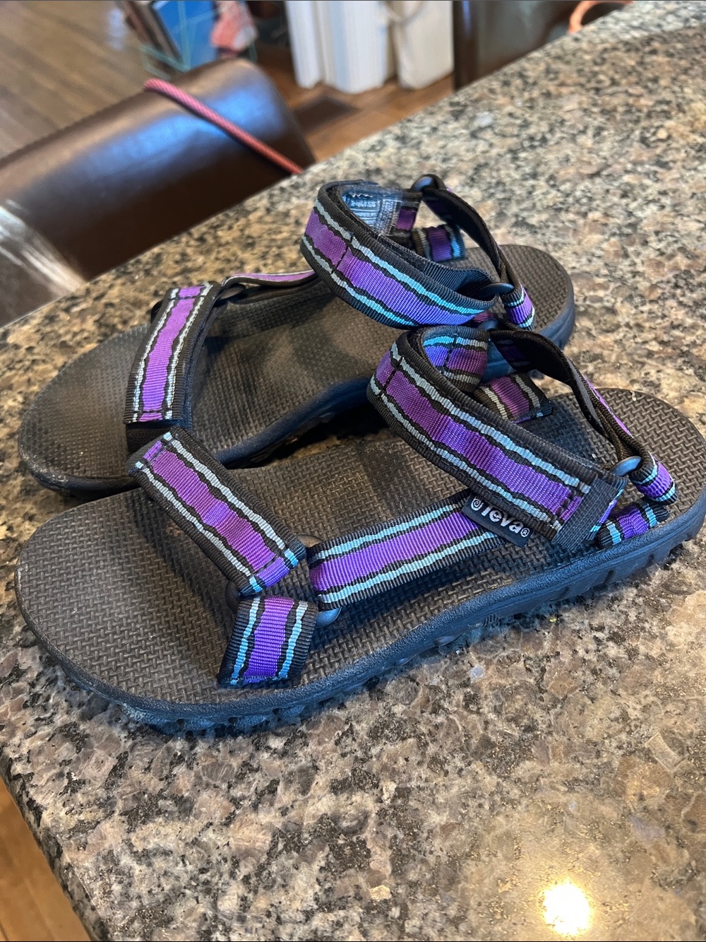 Teva Women’s Black Sandals with Purple & blue Striped Webbing